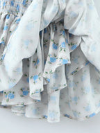 Flower Print Corset Ruched Elastic Body Sling Mini Square Collar Ruffles Hem Dress