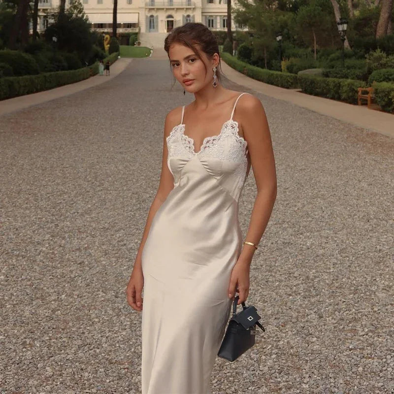 V-Neck Satin Sling Maxi Dress With Lace Patchwork Backless Evening Gown