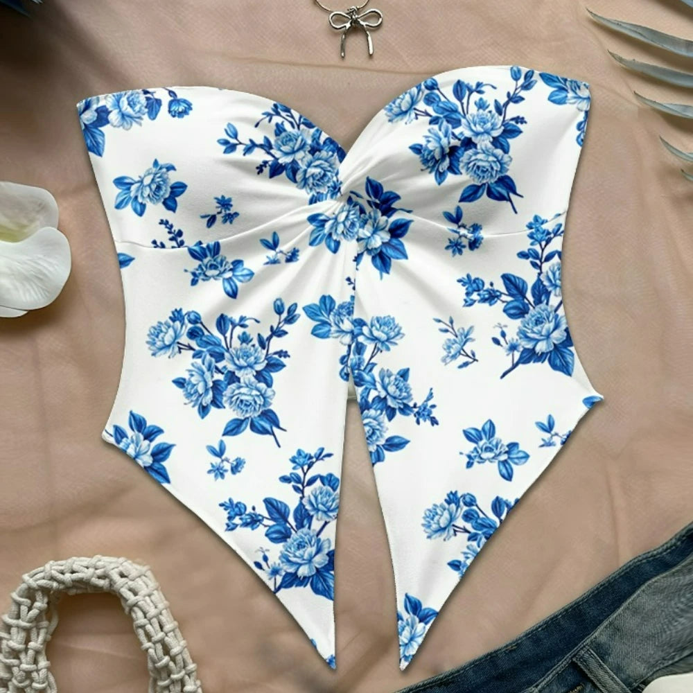 Floral Strapless Tube Top With Backless Design Tie Front And High Slit