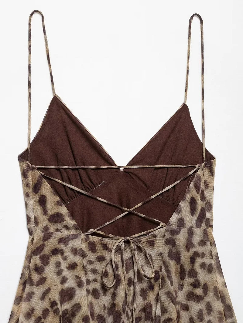 Leopard Print Tulle Slip Dress With Backless Draped