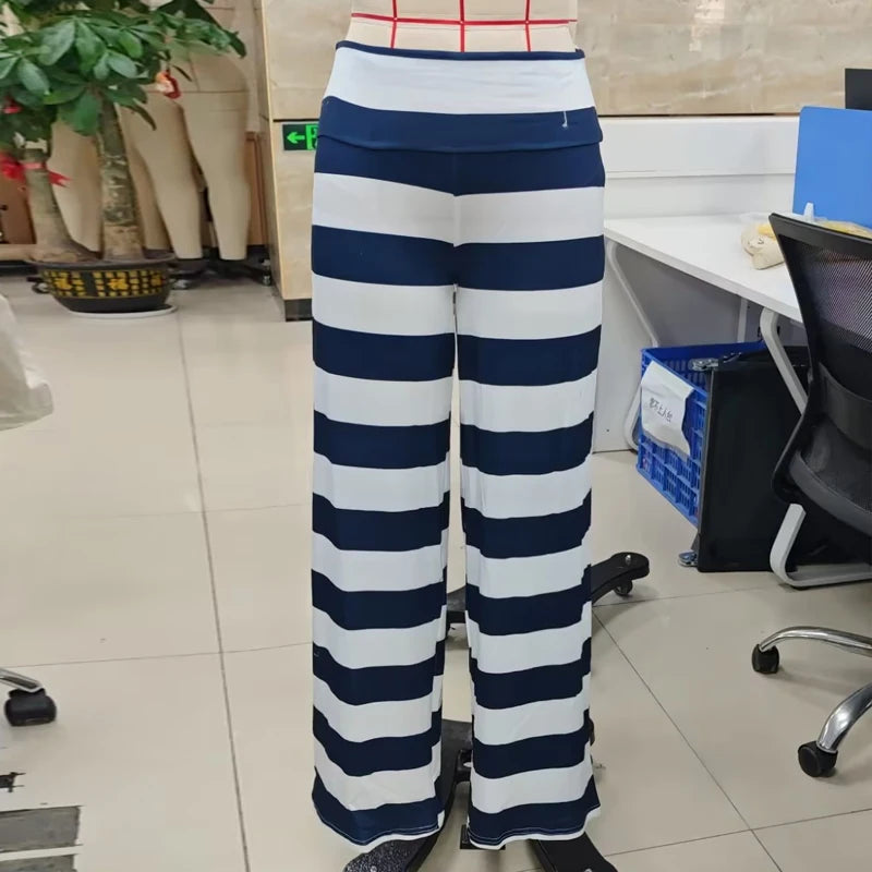 Striped Fold Over Lounge Pants For Women Wide Leg Flare Trousers Cozy Relaxed