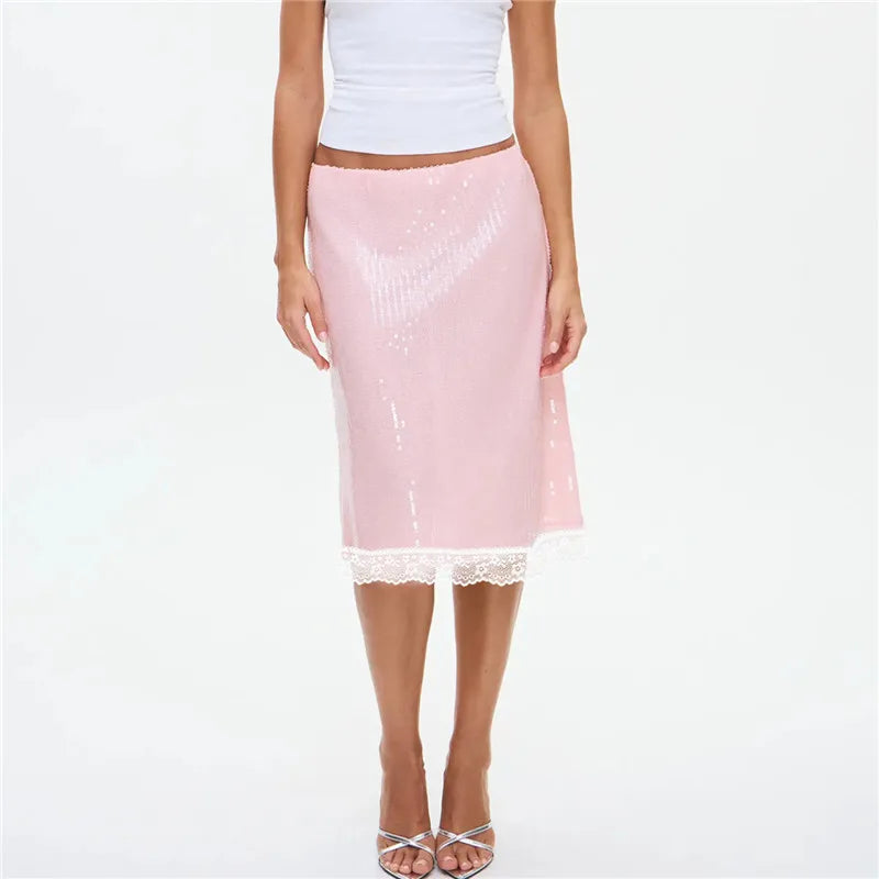 Glam Sparkle Pink Sequin Midi Skirt With Sheer Mesh Lining And Lace Trim Hem
