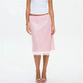 Glam Sparkle Pink Sequin Midi Skirt With Sheer Mesh Lining And Lace Trim Hem