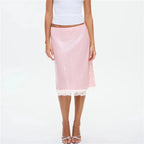 Glam Sparkle Pink Sequin Midi Skirt With Sheer Mesh Lining And Lace Trim Hem