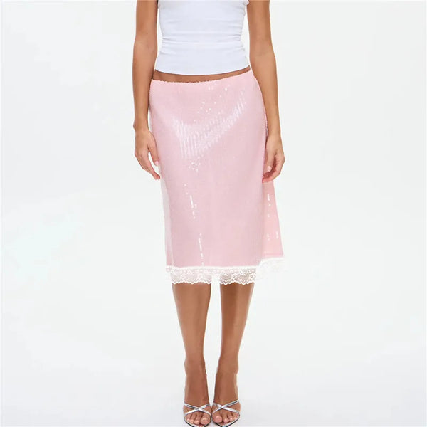 Glam Sparkle Pink Sequin Midi Skirt With Sheer Mesh Lining And Lace Trim Hem