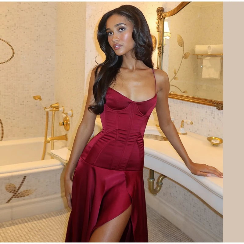 Slit Waist Cinching Evening Dress V Neck Sleeveless Slim Irregular Long