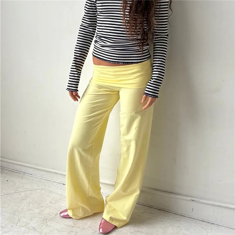 Soft Wide Leg Trousers With Fold Over Waist Solid Color Casual Bottoms