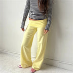 Soft Wide Leg Trousers With Fold Over Waist Solid Color Casual Bottoms