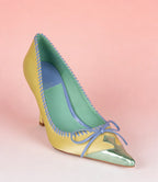 Retro Pink Satin Pointed Toe Pumps With Gold Toe Cap And Yellow Bow Accent Playful Low Heel