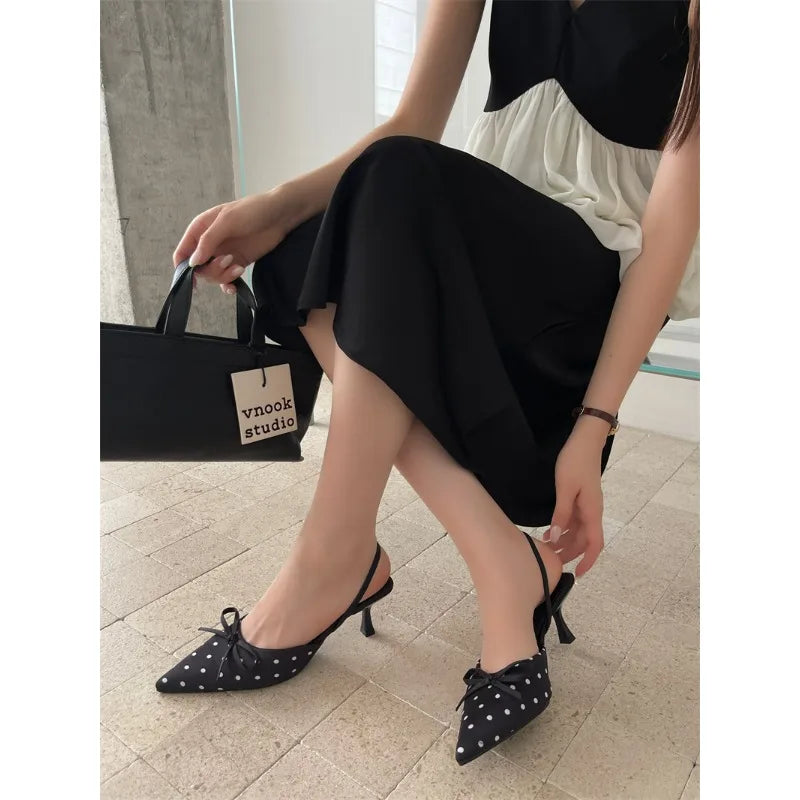 Satin Butterfly Polka Dot Pointed Toe Mules For Women Low Heel Pumps