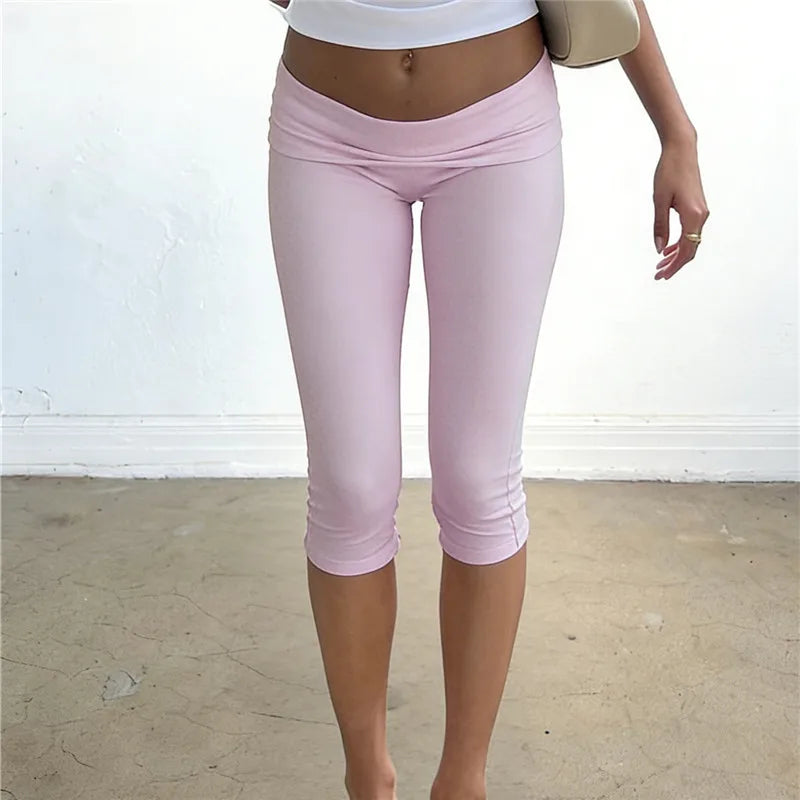Fold-Over Waistband Capri Leggings Low Rise Slim Fit High-Stretch Pants