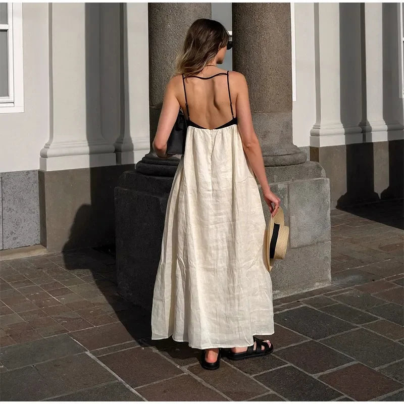 Contrast Splicing Loose Sling Long Women Square Collar Sleeveless Backless High Waist Dress