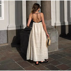 Contrast Splicing Loose Sling Long Women Square Collar Sleeveless Backless High Waist Dress