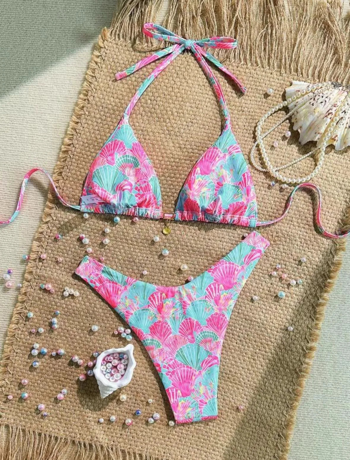 Petal Pink Print Two Piece Halter Bikini Set With Pendant Detail