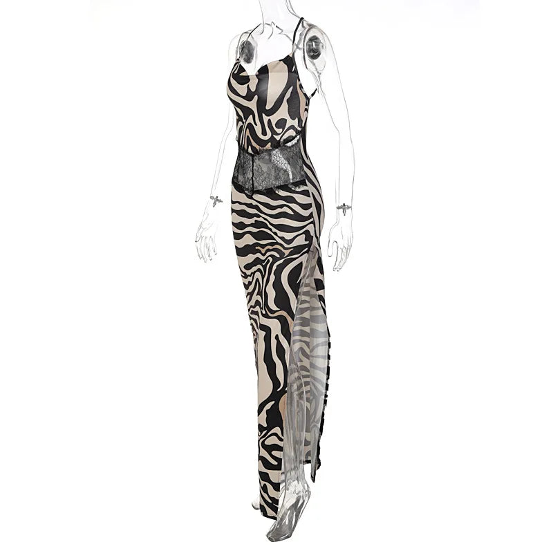 Zebra Print Maxi Dress With Lace Patchwork And Backless Slit l