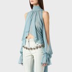 Off Shoulder Chiffon Blouse With Lightweight Fit Asymmetrical Hem And Bow Detail