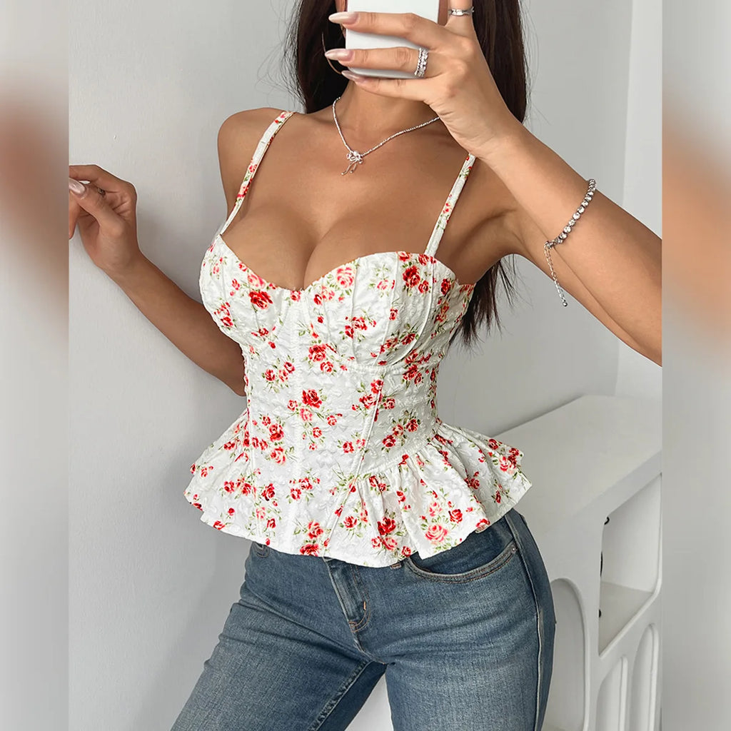 Floral Print Coquette Crop Corset Top With Spaghetti Straps And Ruffle Hem