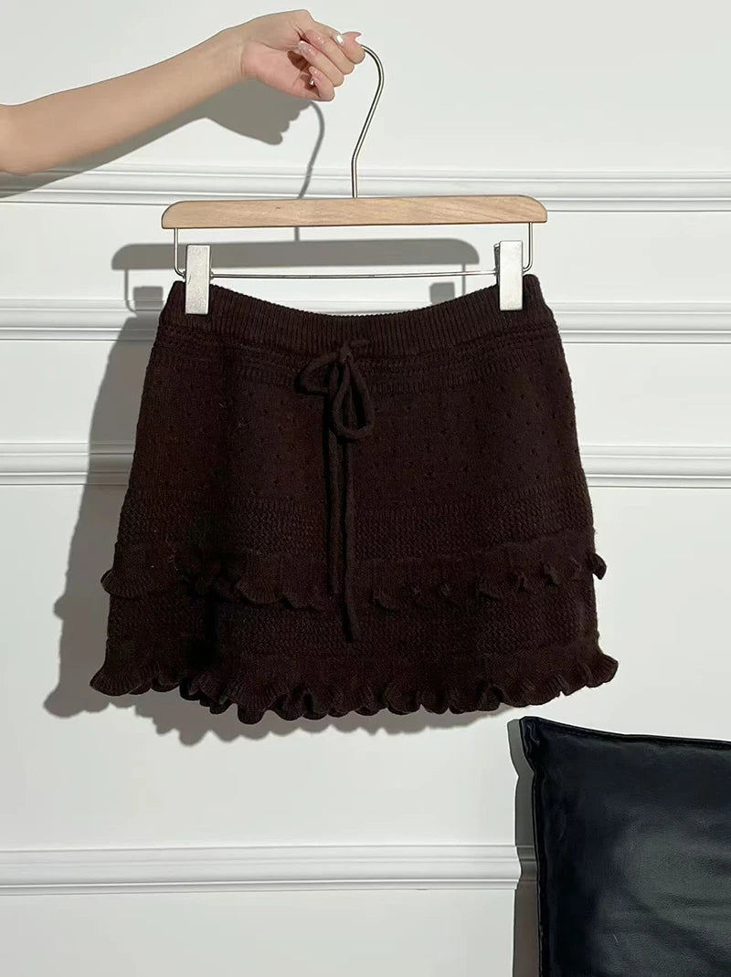 Patchwork Knit Mini Skirt With High Waist Ruffle And Hollow Out Details