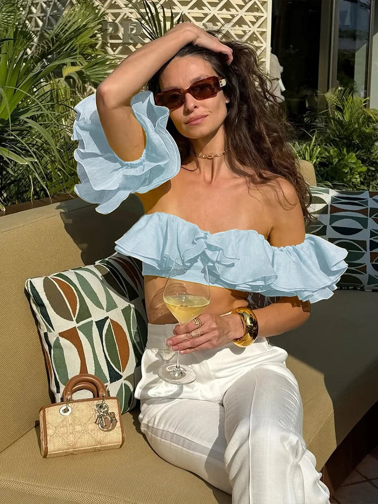 Elegant Y2K Sweet Style Ruched Tank Tops+Petal Sleeve Cover Women Lace-Up Halter