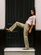 Khaki-colored Washed Low-rise Denim Pants with Rolled Cuffs and Straight-leg Design