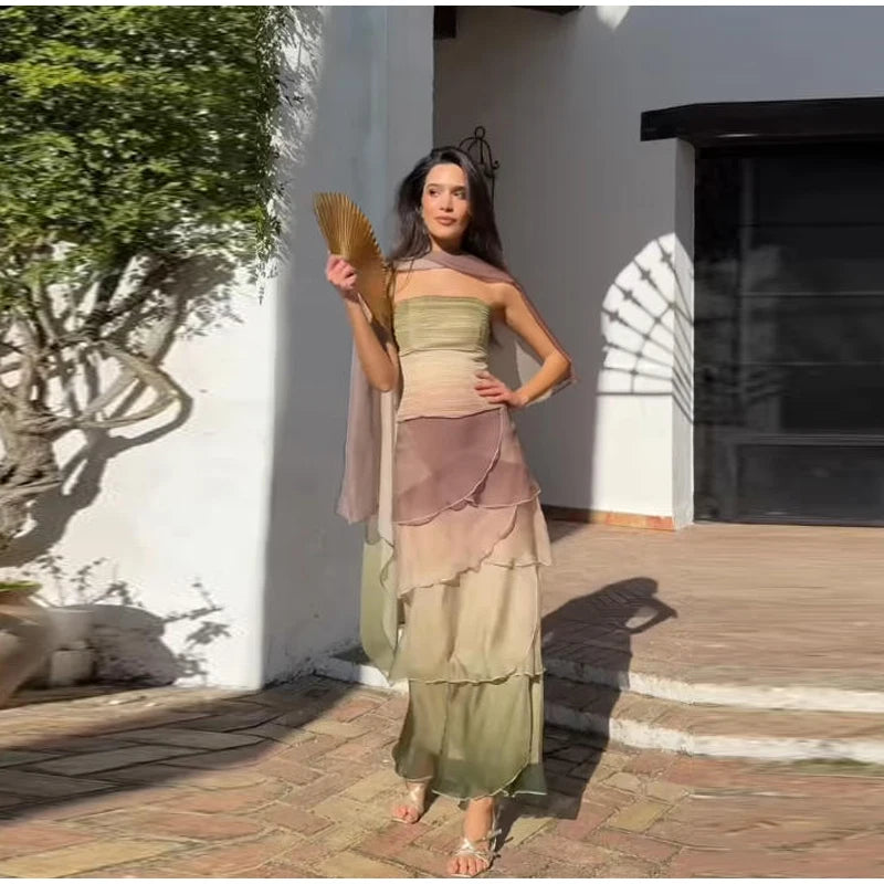 Gradient Flowy Chiffon Three Piece Set With Tube Top Tiered Skirt And Sheer Scarf