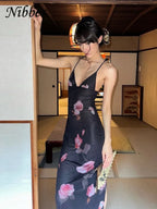 Floral Rose Print Backless Halter Maxi Dress