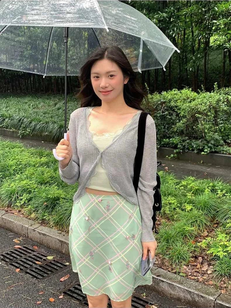 Sweet Vintage Elegant Floral Plaid Skirt In Green With Mesh Detail