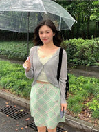 Sweet Vintage Elegant Floral Plaid Skirt In Green With Mesh Detail