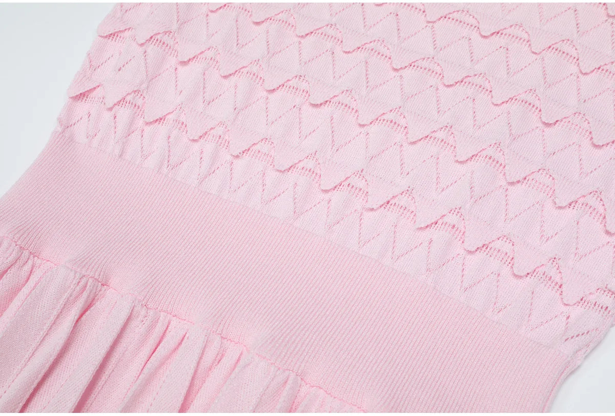 Knit Maxi Dress With Short Sleeve Hollow Detailing And Pleated Skirt