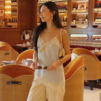 Asymmetrical Lace Slip Top Satin Off Shoulder Backless Camisole