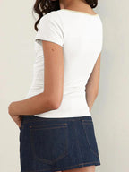 Nostalgic Streetwear Tee With Hollow Flower Cutout Slim Fit Half Sleeve For Women
