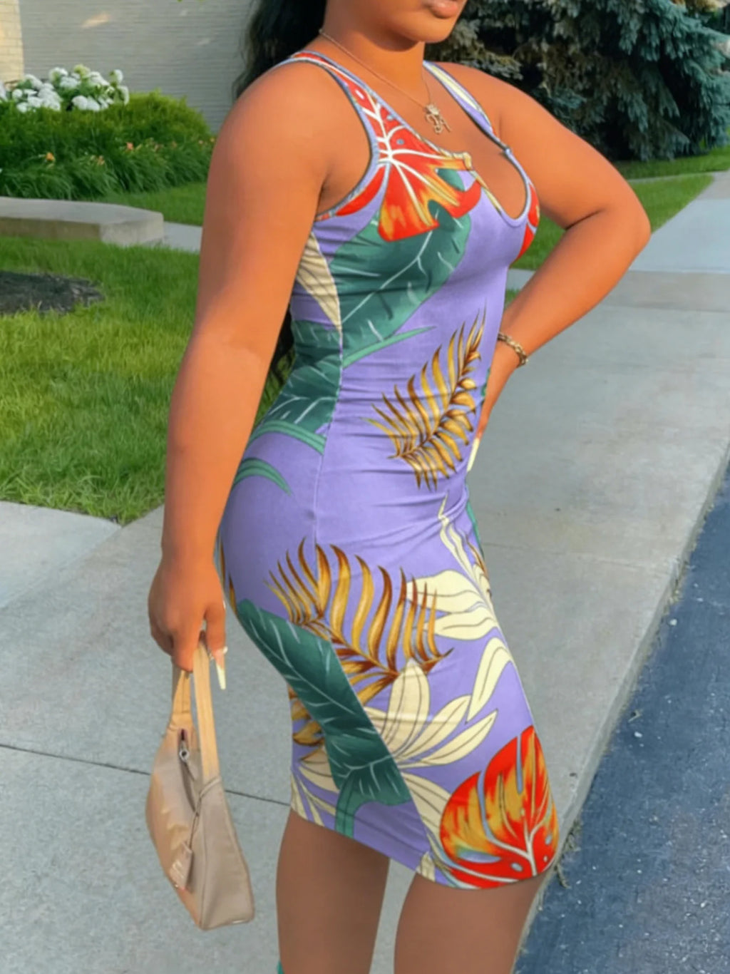 Plus Size Sleeveless Notched U Neck Tropical Print Bodycon Mini Dress