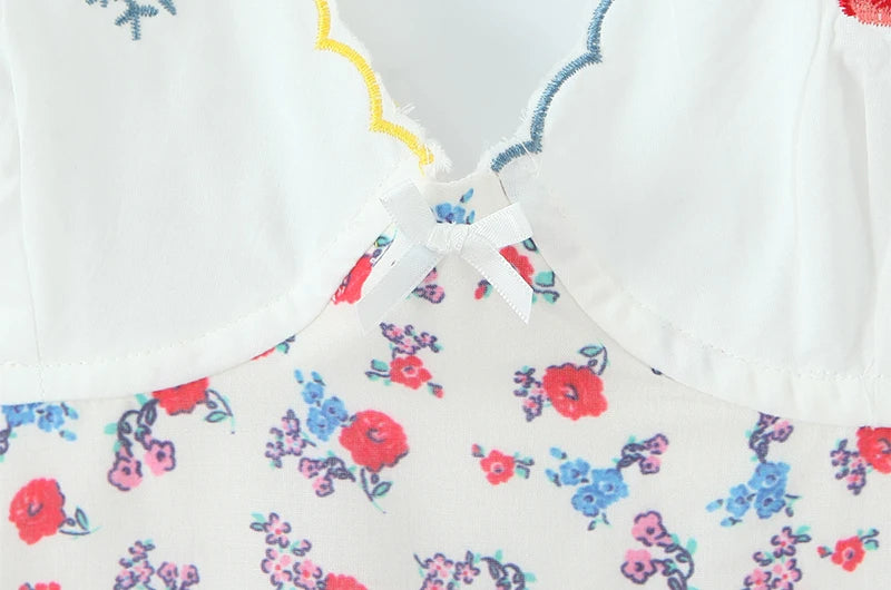 Women Fashion Sweet Floral Print Chic Halter Neck Cami Mini Y2K Embroidery Backless Dress
