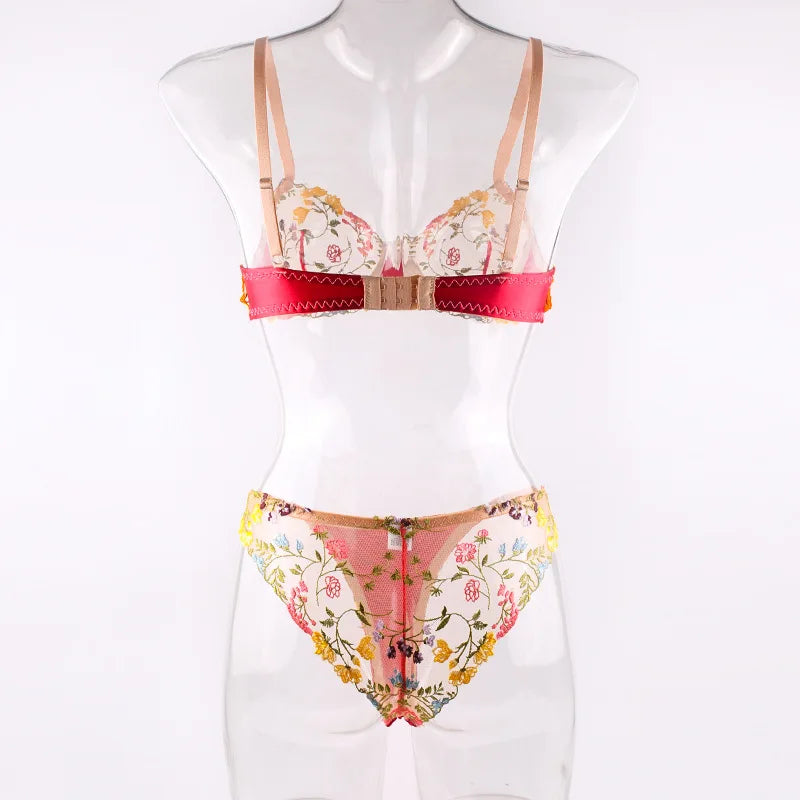 Countryside Embroidered Lingerie Set With Floral Patchwork Bra And Panty Details