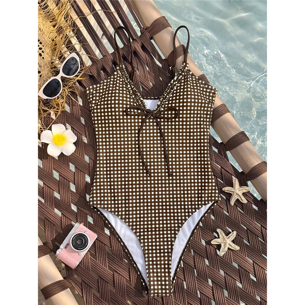 Striped Plaid V Neck  One Piece Swimsuit Female Frilled High Leg Cut Padded
