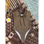 Striped Plaid V Neck  One Piece Swimsuit Female Frilled High Leg Cut Padded