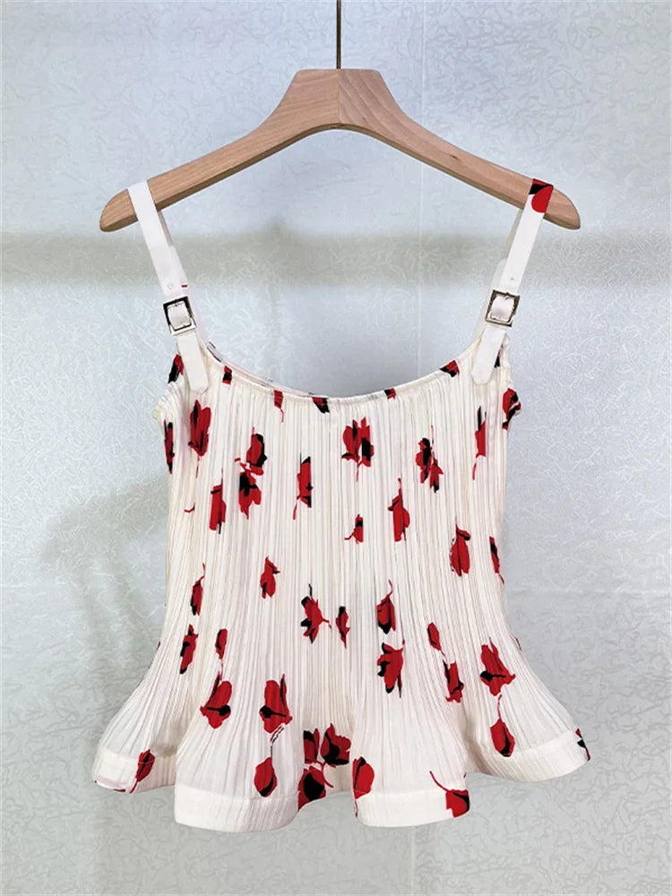 Pleated Red Print High Waist Midi Skirt And Sleeveless
