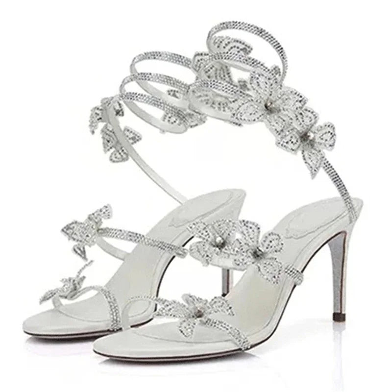 Crystal Flower High Heels With Ankle Strap Strappy Thin Sandals