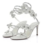 Crystal Flower High Heels With Ankle Strap Strappy Thin Sandals