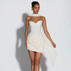Sequin Patchwork Strapless Mini Dress Off Shoulder With Scarf Collar And Pleated Waist Cinch