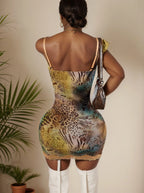 Lace Mini Dress With Spaghetti Straps High Waist Backless Retro Print