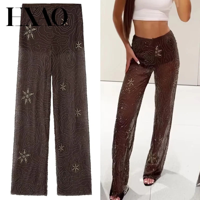 Beaded High Waist Pants With Sequin Embellishment