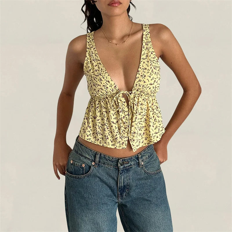 Y2K Floral Print Tie Front Tank Top for Women V Neck Sleeveless