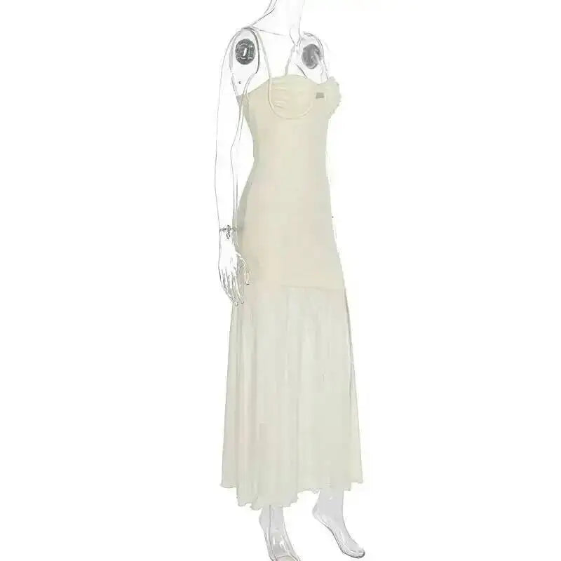 Backless Hollow Mesh Spaghetti Strap Gown Elegant Long Evening Dress