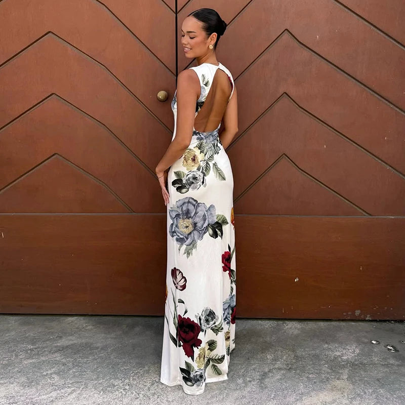 Floral Garden Maxi Dress With Round Neck Sleeveless Slim Fit Elegant Style