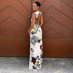 Floral Garden Maxi Dress With Round Neck Sleeveless Slim Fit Elegant Style
