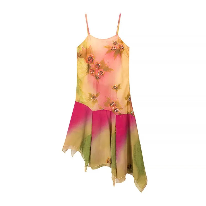Floral Off Shoulder Sequined Dress With Irregular Hem