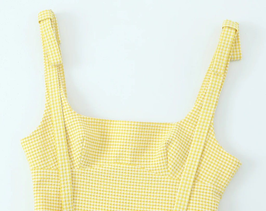 Gingham Bow Mini Dress With Square Neck High Waist Bodycon