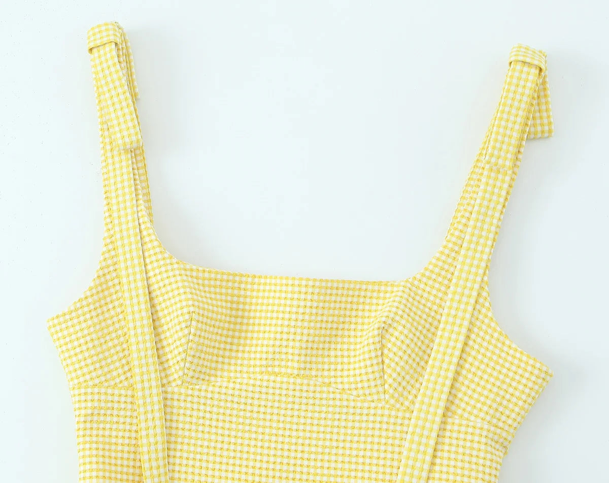 Gingham Bow Mini Dress With Square Neck High Waist Bodycon