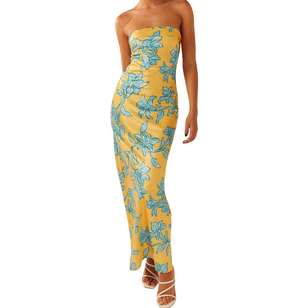 Floral Strapless Sleeveless Maxi Dress With Bodycon Silhouette